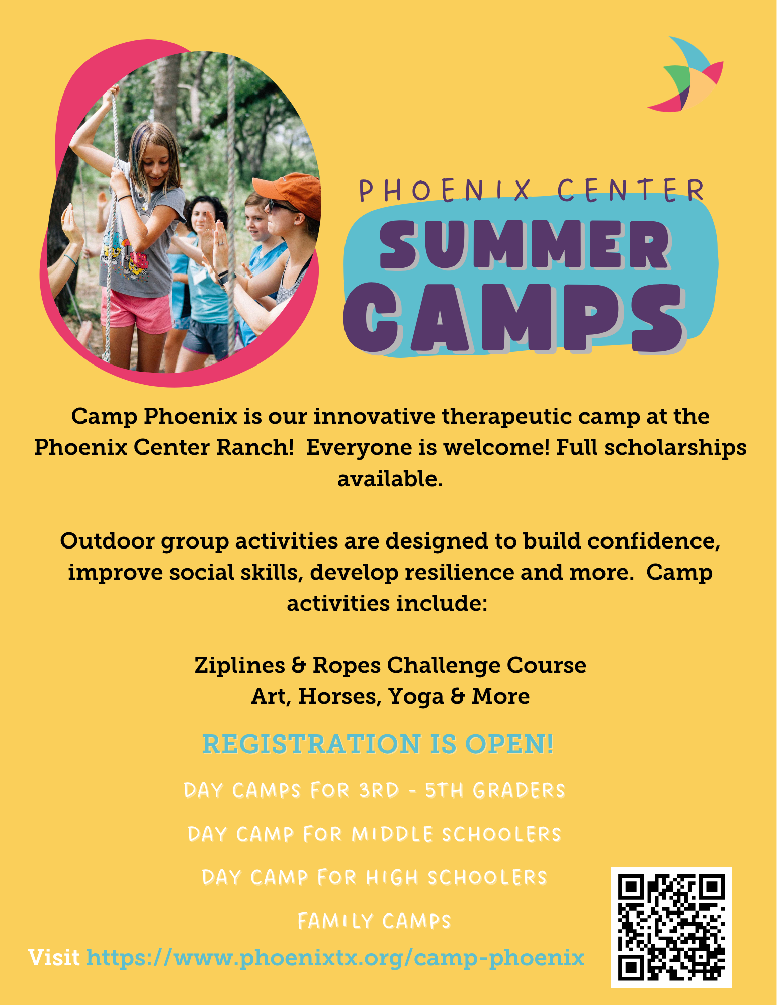 Colorful Phoenix Summer Camp flyer shows a smiling child with a hula hoop, camp details, activity highlights (ziplines, ropes, art, yoga), registration info, and a website link for more info at Phoenix Center’s exciting Summer Day Camp.